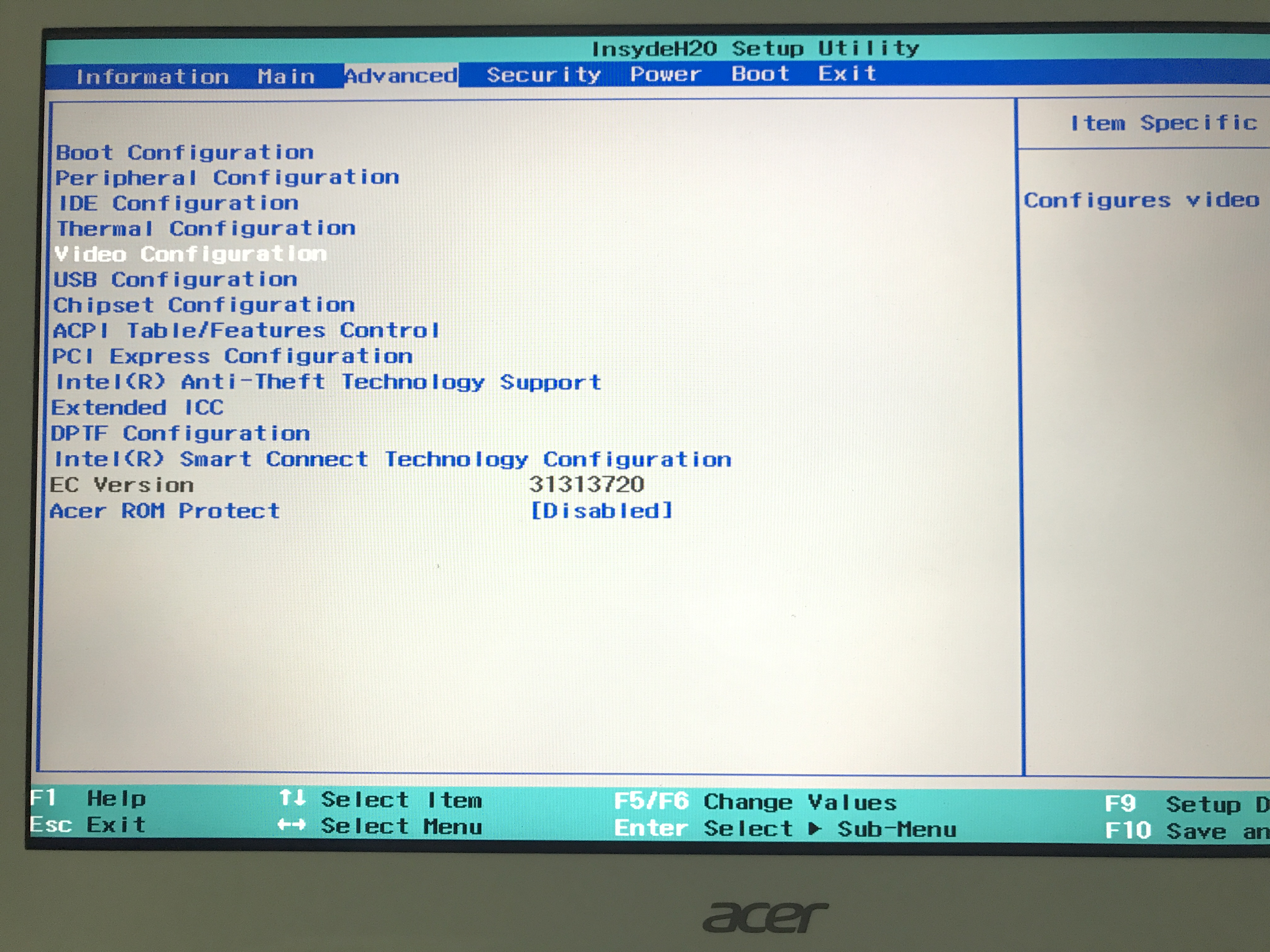 BIOS insydeh20 Setup Utility. BIOS V1.03 Acer Aspire.